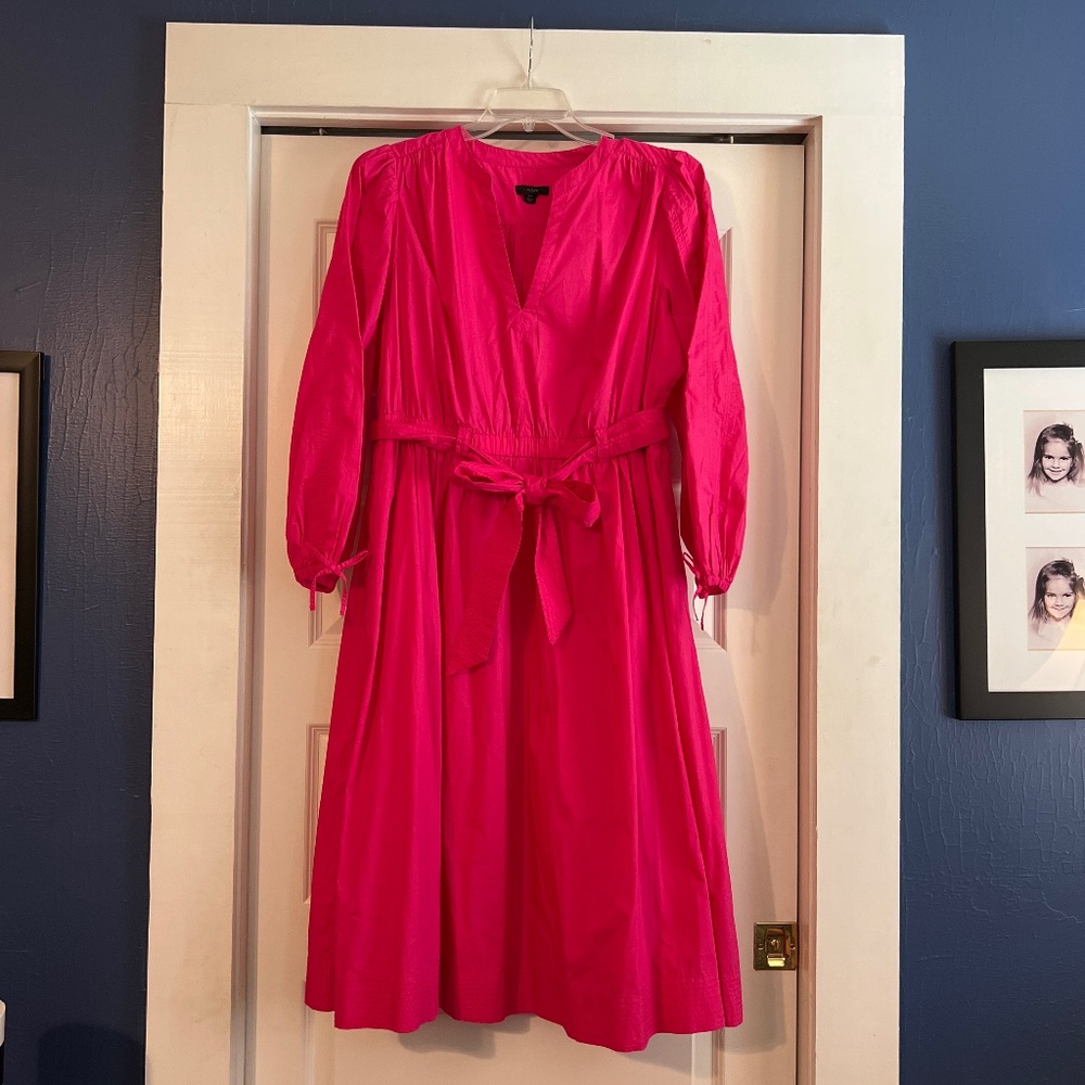 NWOT J.Crew Tie-Waist V-Neck Dress XXL Bright Pink Long Sleeve Cotton Midi